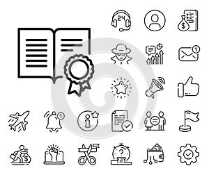 Diploma with Medal line icon. Certificate sign. Salaryman, gender equality and alert bell. Vector