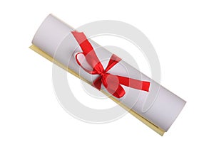 Diploma with red ribbon isolated on white background. Top view. Flat lay