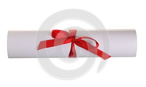 Diploma with red ribbon isolated on white background. Top view. Flat lay