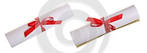 Diploma with red ribbon isolated on white background. Top view. Flat lay