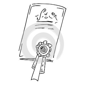 Diploma, reward hand drawn. Vector of a cartoon letter with a medal. Icon diploma