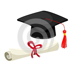 Diploma roll and hat with tassel set on white