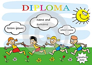 Diploma, running kids, funny creative illustration, eps
