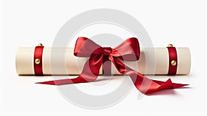 a diploma scroll elegantly tied with a red bow, isolated on a pristine white background. Convey the sense of pride and