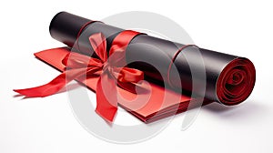 a diploma scroll elegantly tied with a red bow, isolated on a pristine white background. Convey the sense of pride and