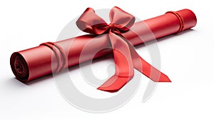 a diploma scroll elegantly tied with a red bow, isolated on a pristine white background. Convey the sense of pride and