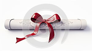 a diploma scroll elegantly tied with a red bow, isolated on a pristine white background. Convey the sense of pride and
