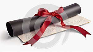 a diploma scroll elegantly tied with a red bow, isolated on a pristine white background. Convey the sense of pride and