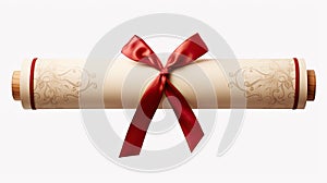 a diploma scroll elegantly tied with a red bow, isolated on a pristine white background. Convey the sense of pride and