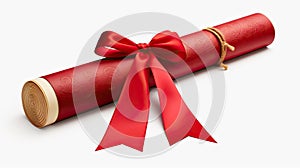 a diploma scroll elegantly tied with a red bow, isolated on a pristine white background. Convey the sense of pride and