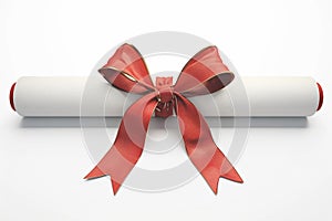 Diploma scroll tied with vibrant red ribbon, isolated on white