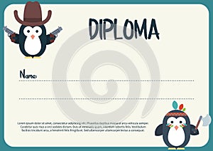 Diploma template with flat penguins characters stylized as a cowboy and native American.
