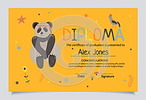 Diploma template for kids, certificate background with hand drawn cute elements. Panda.