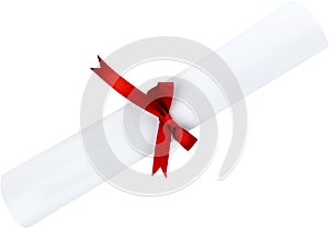 Diploma tied with red ribbon on white background