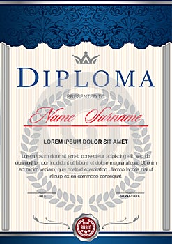 The diploma is vertical in the style of vintage, rococo, baroque.blue and silver colors