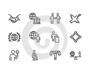 Diplomacy flat line icons set. Global politics, handshake, international business, presentation vector illustrations