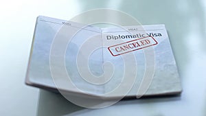 Diplomatic visa canceled, seal stamped in passport, customs office, travelling