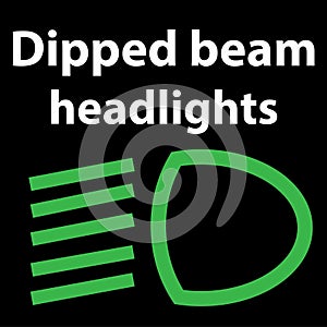 Dipped beam headlights icon , vector illustration dashboard sign, green - instrument cluster dtc code error - obd