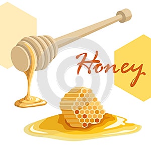 Dipper stick with dripping honey and honeycomb
