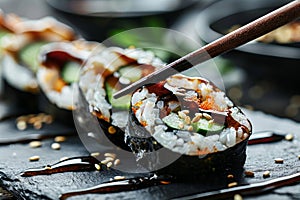 Dipping hosomaki sushi in soy sauce on natural black slate plate background with selective focus photo