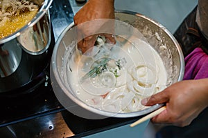 Dipping Mixed Vegetables in Mixed Tempura Flour