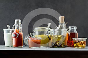 Dips and marinades in various flavors and jars