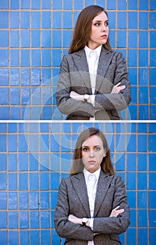 Diptych of portraits woman near the blue wall photo