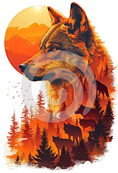 A dire wolf with dire wolf pack within the dire wolf in the style of double exposure