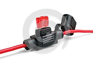 Direct Current Mini Fuse with Fuse Holder on white background close-up view