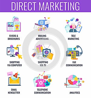 Direct marketing. Email, Mailing advertising, catalog and telemarketing.