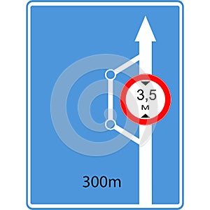 Direction indicator. Blue rectangle with arrows and speed limit.