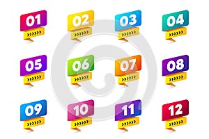 Direction number bullet points. From one to twelve bullet points. Colorful label ribbons vector set