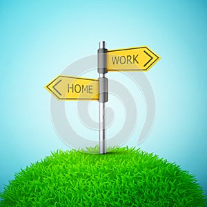Direction road sign with home and work words on the grass