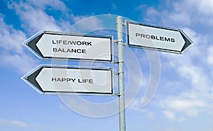 Direction road sign with words life/work balance, happy life, a