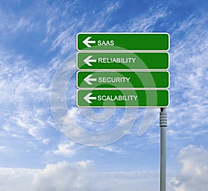 Direction road sign with words SAAS,scalability; Reliability; S