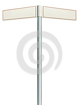 Direction road signs, two empty blank signpost signages, isolated directional roadside guidepost pointer white copy space, beige