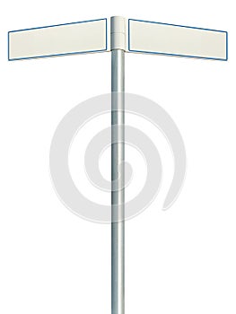 Direction road signs, two empty blank signpost signages, isolated directional roadside guidepost pointer white copy space, blue