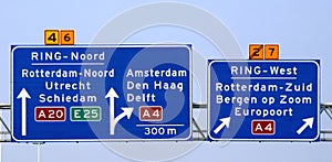 Direction sign above motorway A20 at the Kethelplein with split to the south of Rotterdam via A4