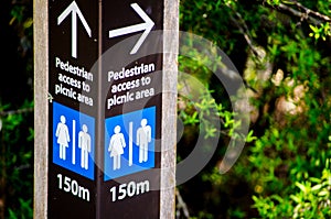 Direction Sign for Pedestrian access to picnic area in 150 meters.
