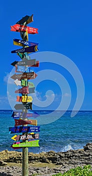 Direction signpost at the Xcaret park near Cancun, Mexico.