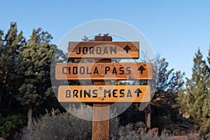 Direction signs for hikers in Sedona - Jordan, Cibola Pass and Brins Mesa trails photo