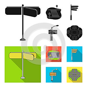 Direction signs and other web icon in black,flat style.Road junctions and signs icons in set collection.