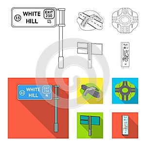 Direction signs and other web icon in outline,flat style.Road junctions and signs icons in set collection.