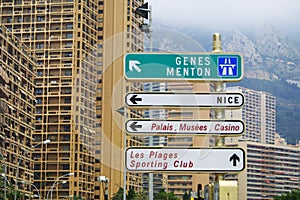 Direction signs on a post in Monte Carlo