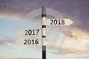 2018 direction signs with sky background.New year concept