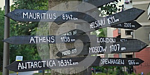 Direction signs to various distant places on earth