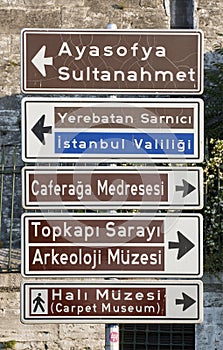 Direction signs for touristic places in Sultanahmet district of