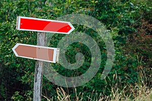 Directional arrow signs on wooden pole in the forest.