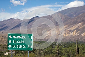 Directional road sign to Tilcara and La Quiaca on ruta 40, Argentina