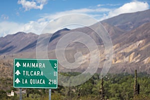 Directional road sign to Tilcara and La Quiaca on ruta 40, Argentina photo